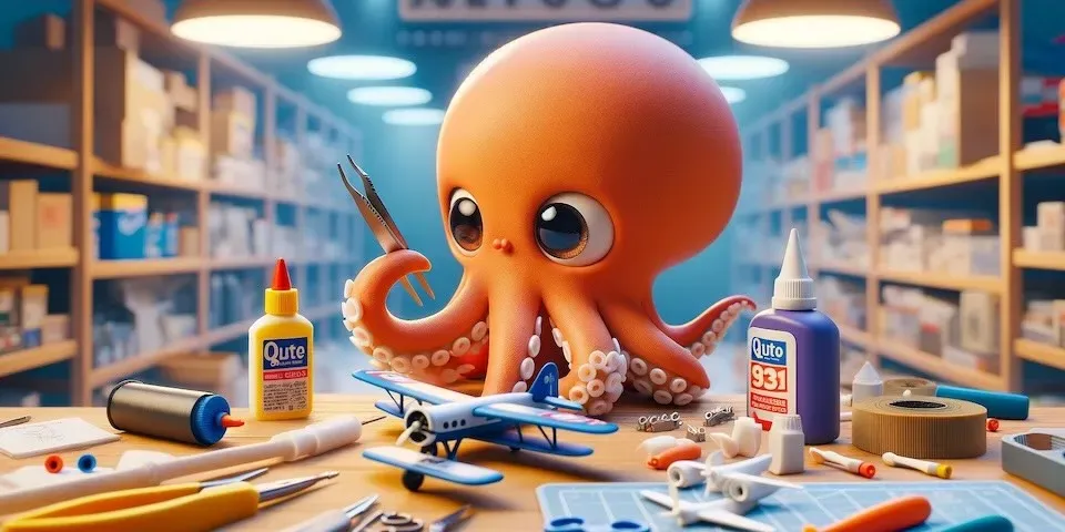 Cute octopus put together model airplain with glue