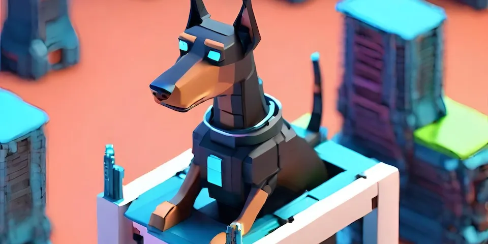 Robot doberman climbing the computer tower.