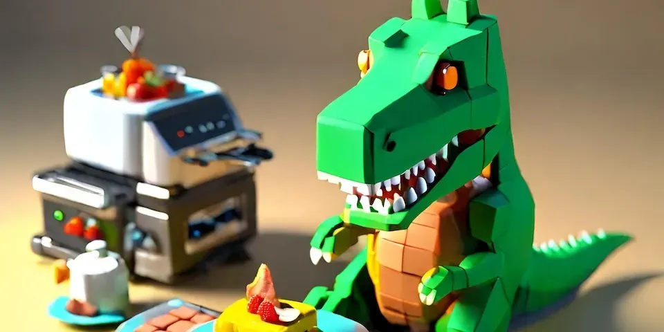 Robot T-rex cooking breakfast.