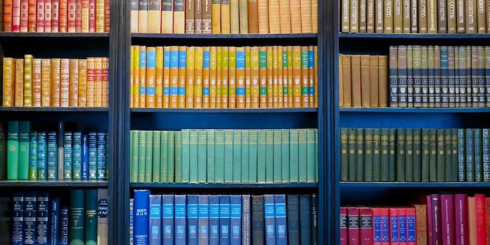 Meticulously organized wall of books.