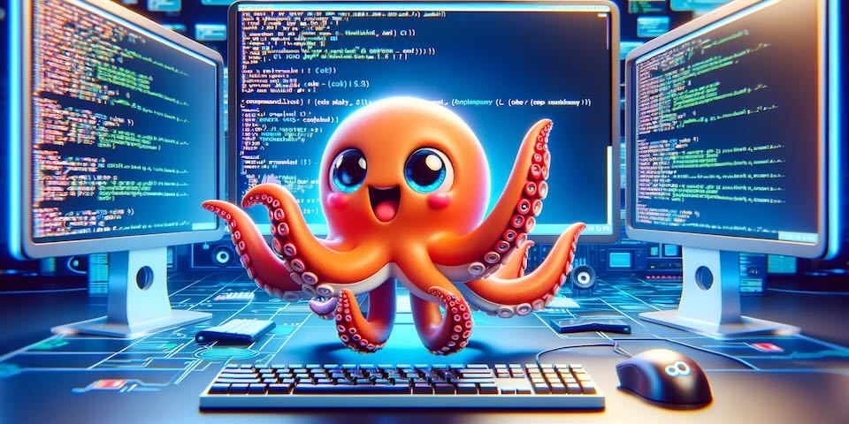 Cute octopus interacting with command line interface