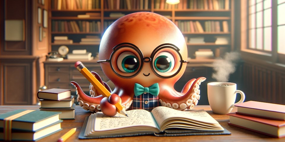 Cute octopus in glasses writing ideas in notebook