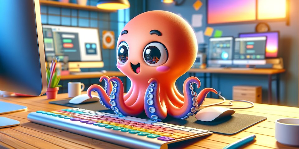Cute octopus excitedly using the computer
