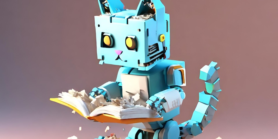 Robot kitty shredding text book.